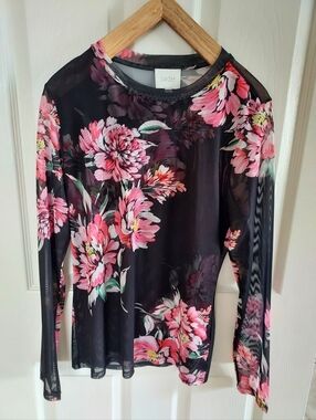 Johnny Was Jade Black Sheer Floral Mesh Blouse with Pink and Green Accents